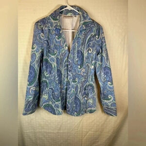 Rebecca Malone Women's Blue Paisley Button Front Pintuck Corduroy Size S Shirt